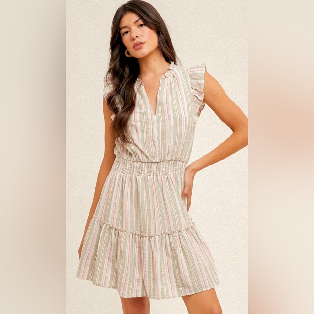 Amana Green & Pink Subtle Stripe Ruffle Hem Dress